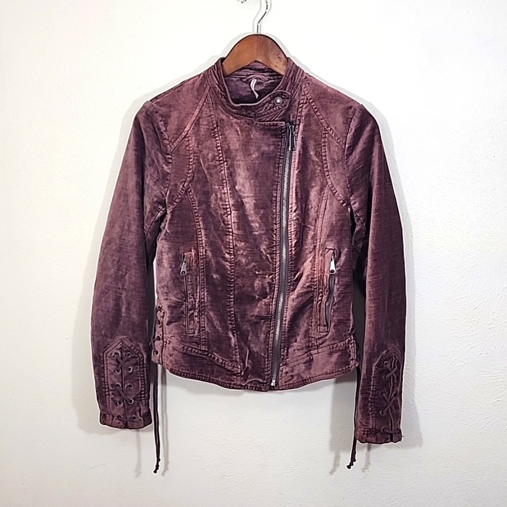 Free People Lacey purple velvet moto lace up side cuff zip up jacket